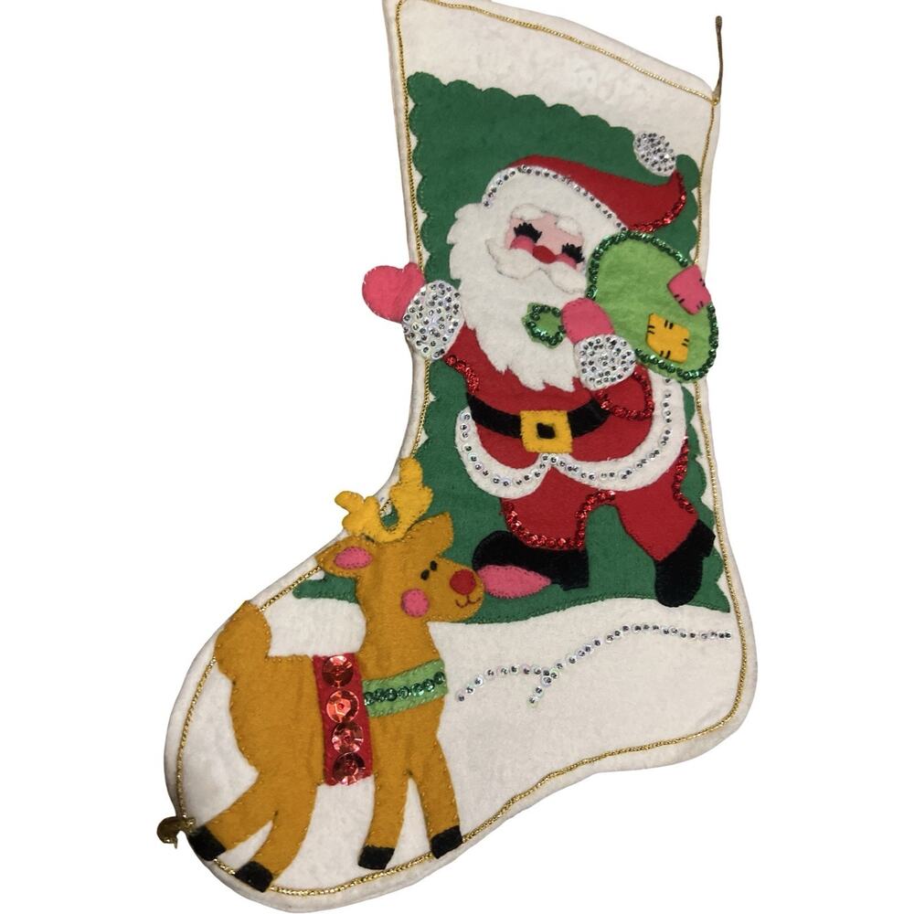 Vintage 17” Felt Christmas Stocking Santa Reindeer Sequins Beaded Handmade